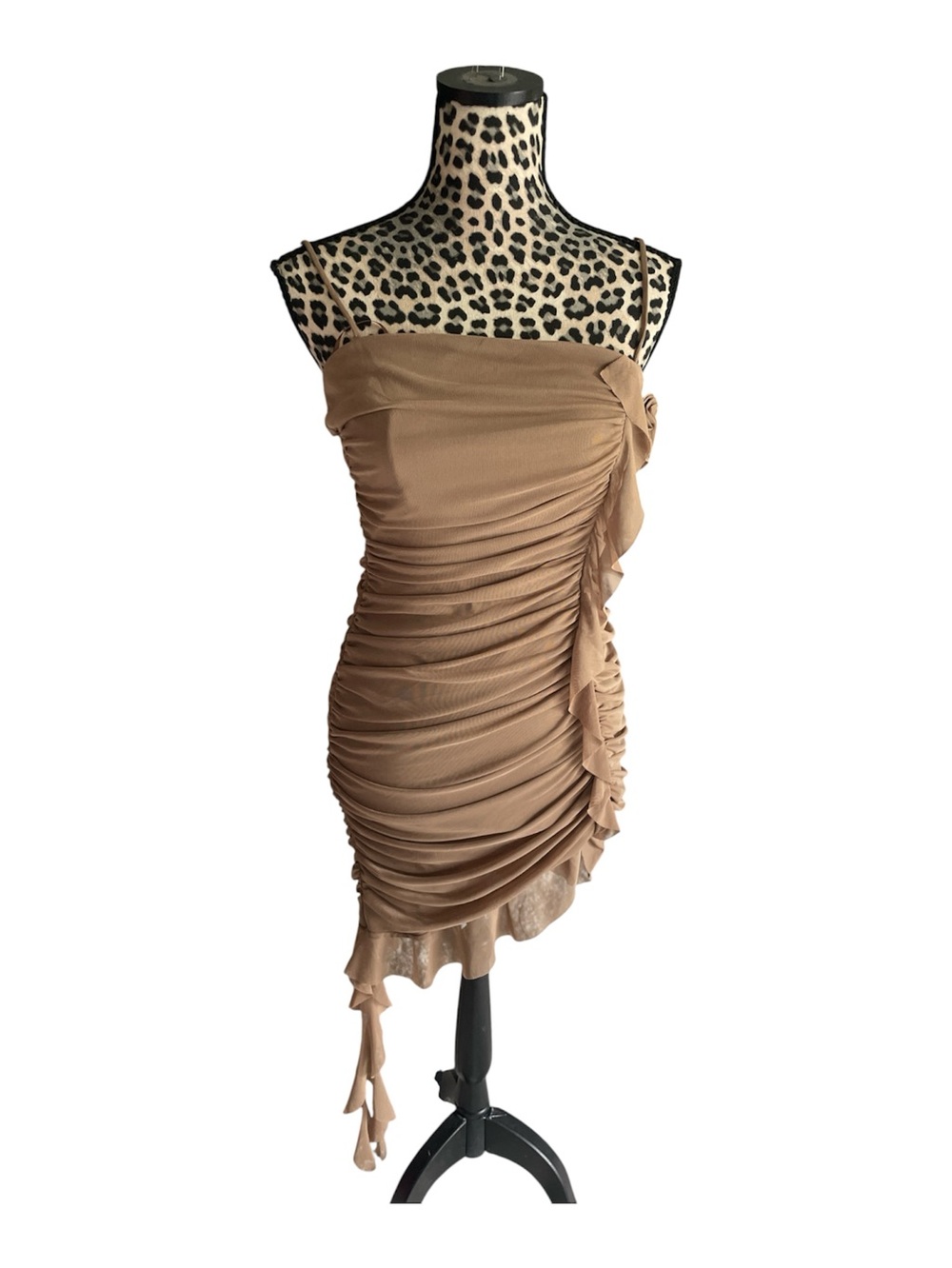refuge Tan Ruched Spaghetti-Strap Mini Dress
